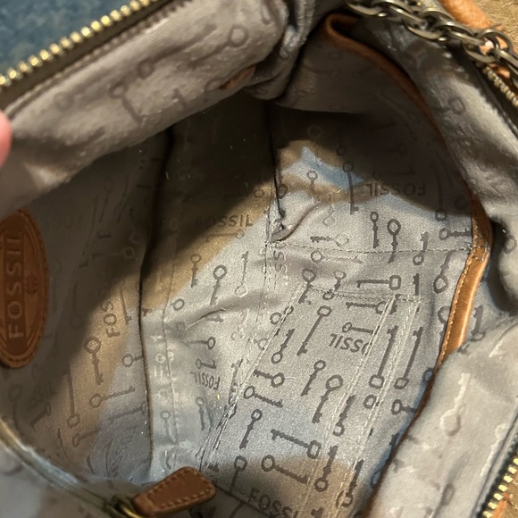 Fossil Brown Leather Brass Tone Chain Handle, leather Crossbody Strap Bag - Picture 15 of 16